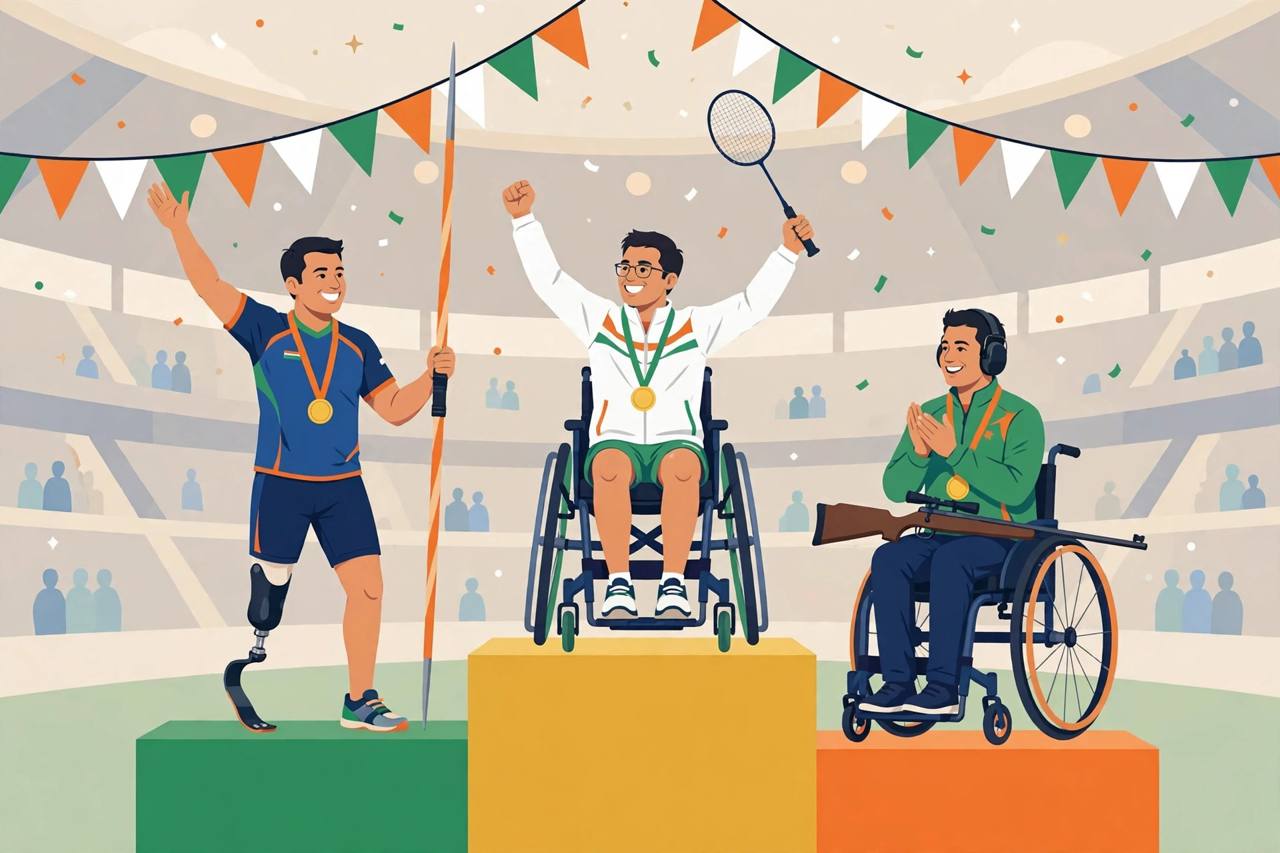 Editorial illustration of generic Indian para athletes celebrating on a podium with gold medals