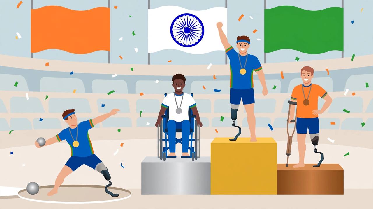 Editorial illustration of three generic para-athletes on a shot put podium with medals at a stadium