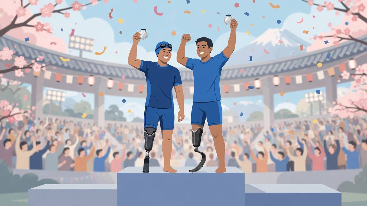 Editorial illustration of Indian para-athletes with silver medals at a stadium podium