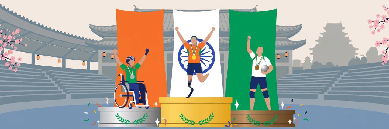 Editorial illustration of generic Indian para-athletes celebrating on a stadium podium with medals at the Asian Para Games in Nagoya