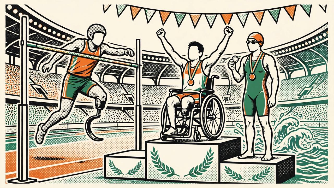 Editorial illustration of generic Indian para-athletes — a high jumper, a swimmer and medal winners on a podium — flat style, no text, no real person's face