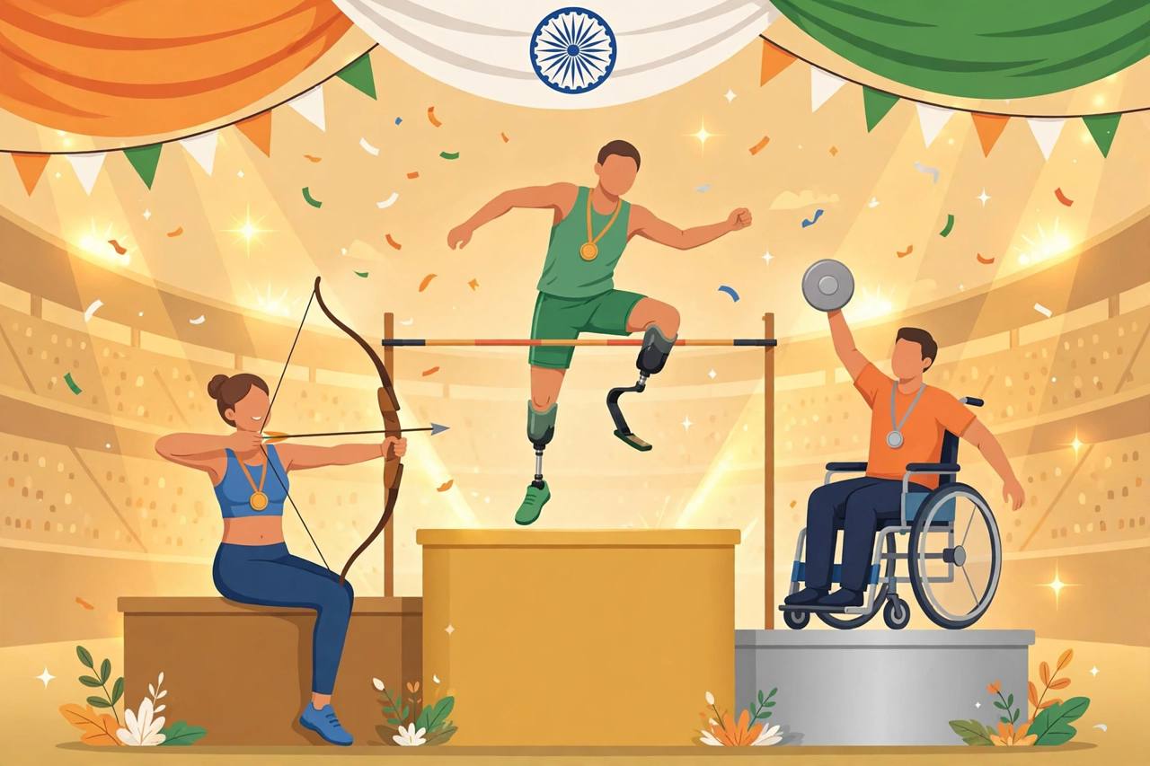 Editorial illustration of generic Indian para-athletes — an archer, a high jumper and a wheelchair discus thrower — on a medal podium, flat style, no text, no real person's face