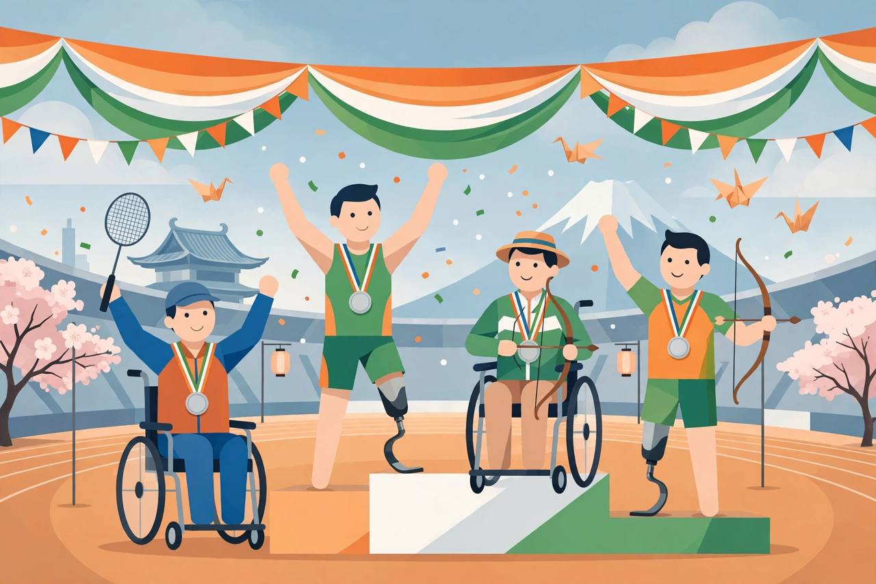 Editorial illustration of three Indian para-athletes with silver medals — a para-badminton player, a runner and para-archers — generic figures