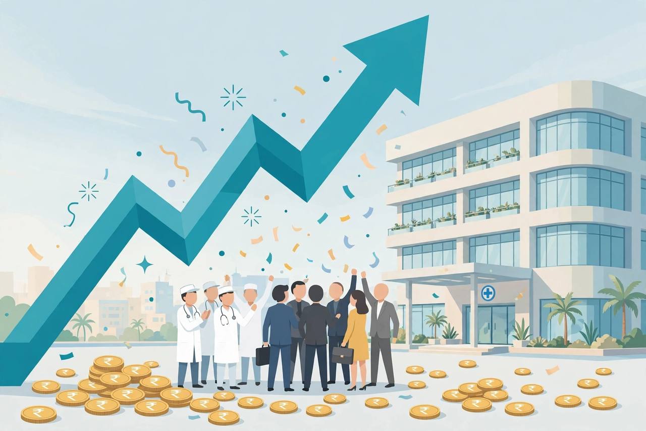 Editorial illustration of a modern Indian hospital with a rising share-market arrow and rupee coins, with generic doctors and investors
