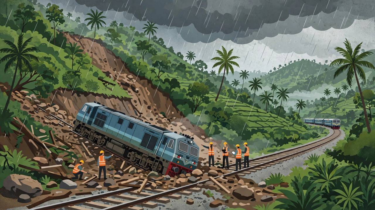 Editorial illustration of a derailed train locomotive after a landslide on a rain-soaked track in Kerala's green hills, with railway workers in orange vests inspecting the site - generic figures only, no real person's face