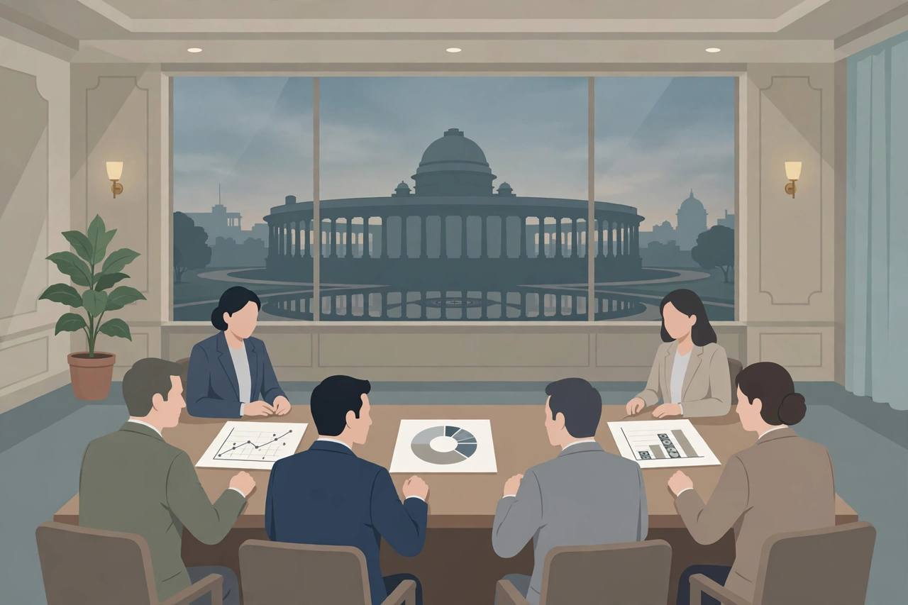 Editorial illustration of generic parliamentarians seated around a committee table reviewing finance charts, with a stylised Parliament building in the background