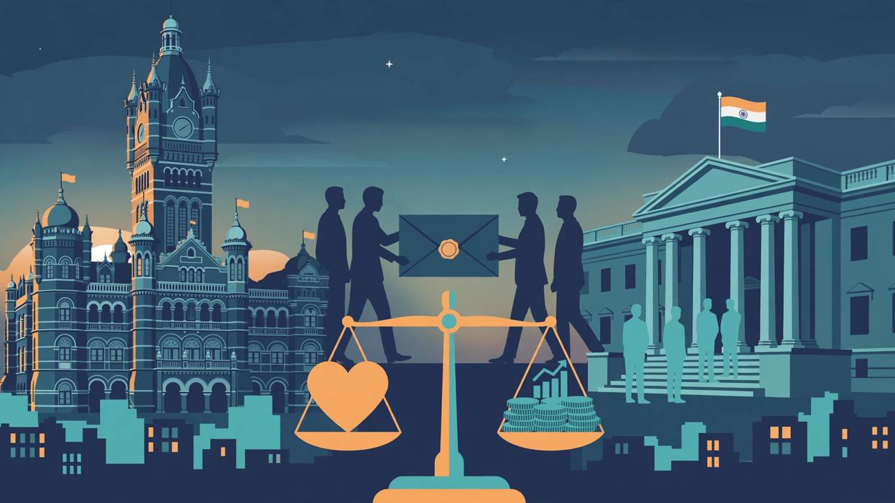 Editorial illustration of silhouetted figures handing a sealed letter toward a government building, with a balance scale weighing a heart against coins, beside a historic Mumbai building