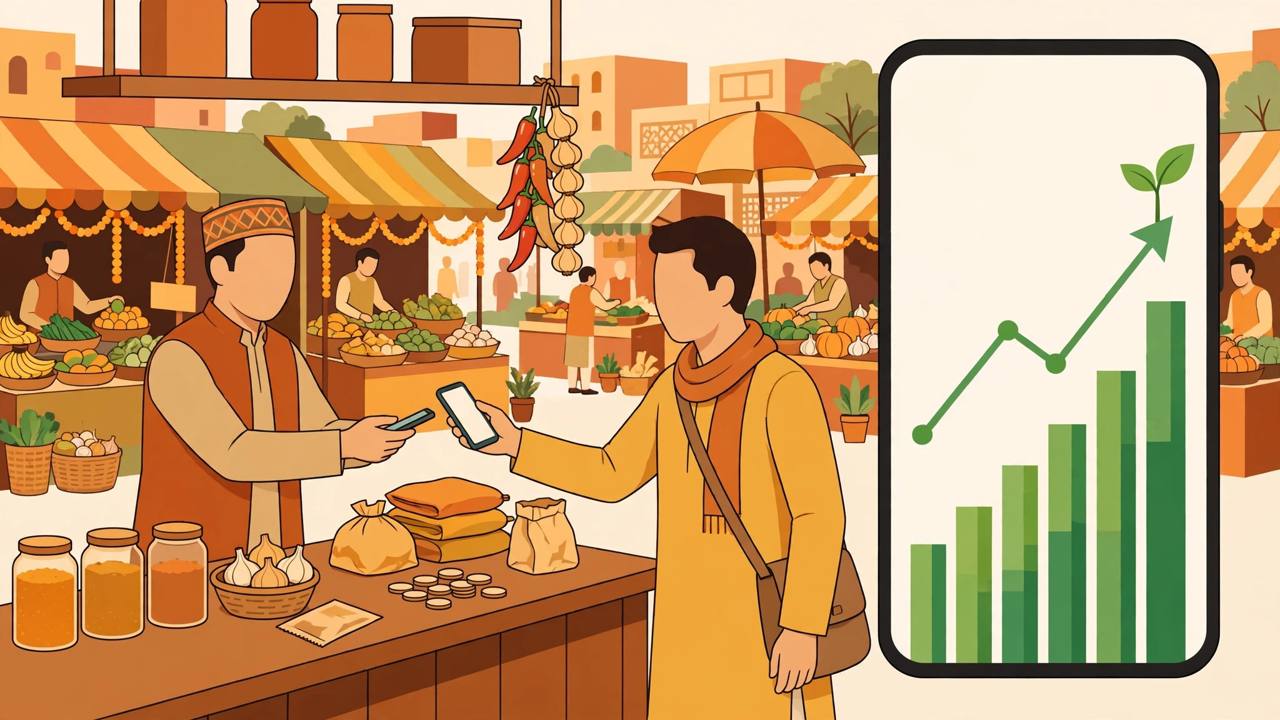 Editorial illustration of a shopkeeper accepting a smartphone payment at a dukaan counter with a rising green growth chart