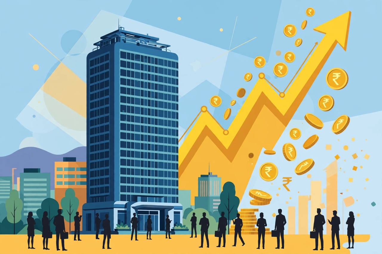 Editorial illustration of an IT company tower with a rising stock chart and rupee coins - no real person's face