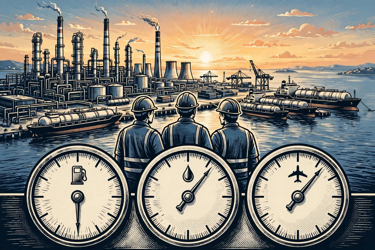 Editorial illustration of fuel tankers at an Indian refinery port with petrol, diesel and jet fuel gauge dials