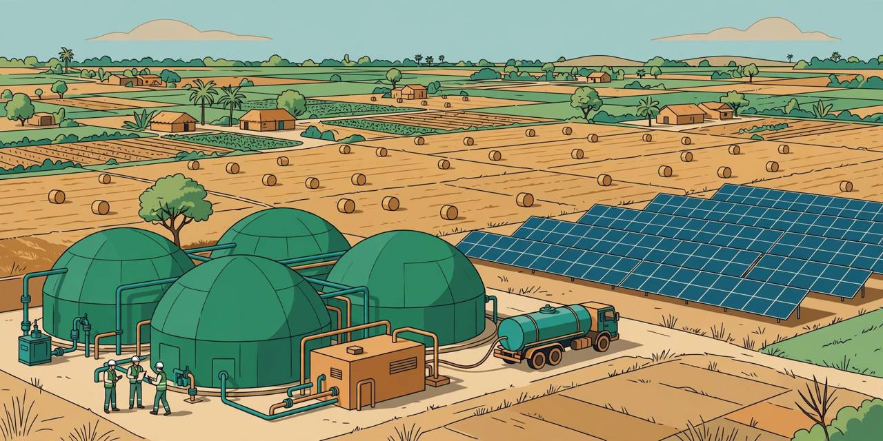 Editorial illustration of a compressed biogas plant with green digester domes, farm fields with crop-residue bales, solar panels, a tanker truck and generic workers