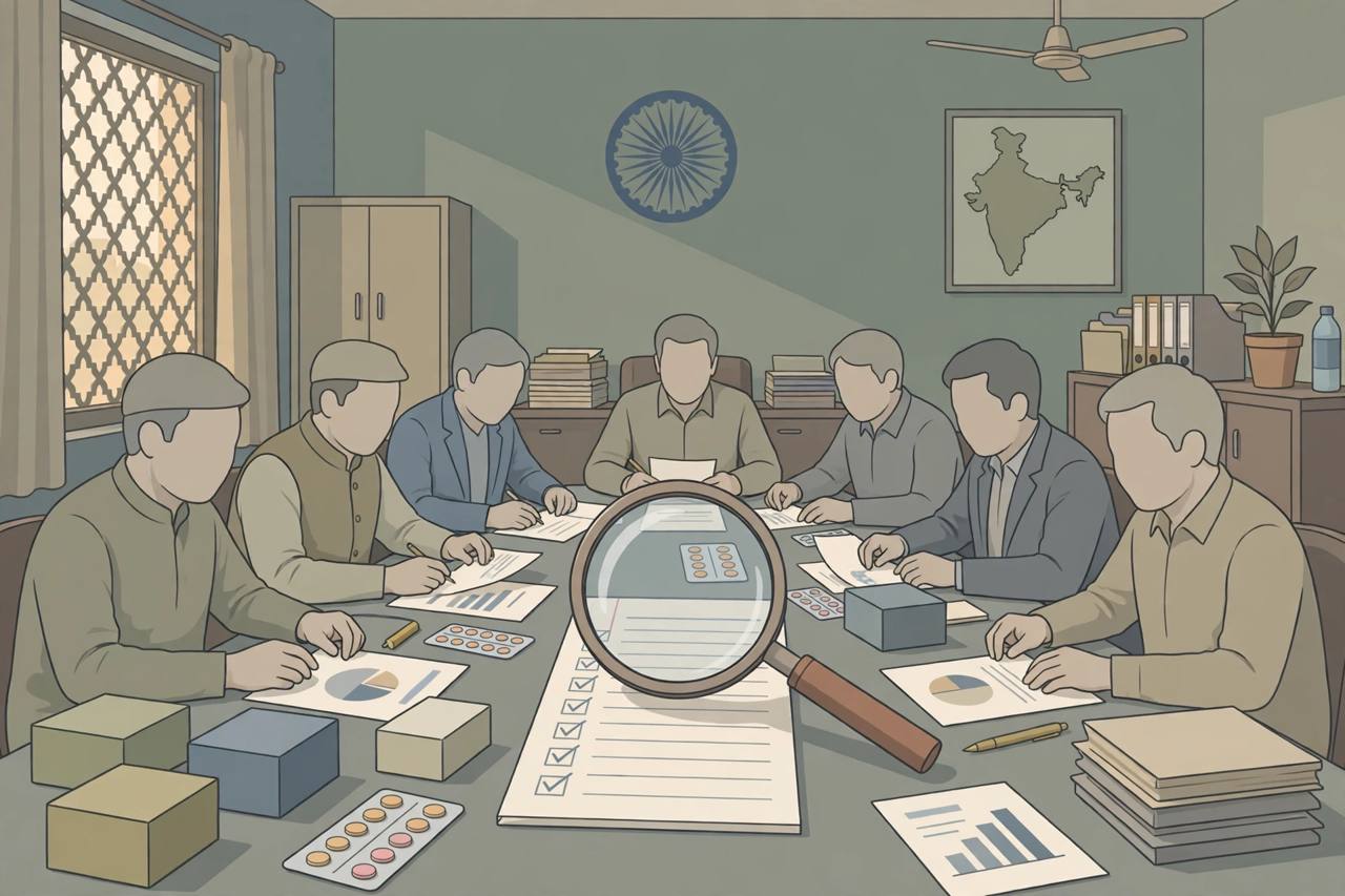 Editorial illustration of generic officials at a review table examining pharmaceutical marketing documents and medicine boxes, flat style
