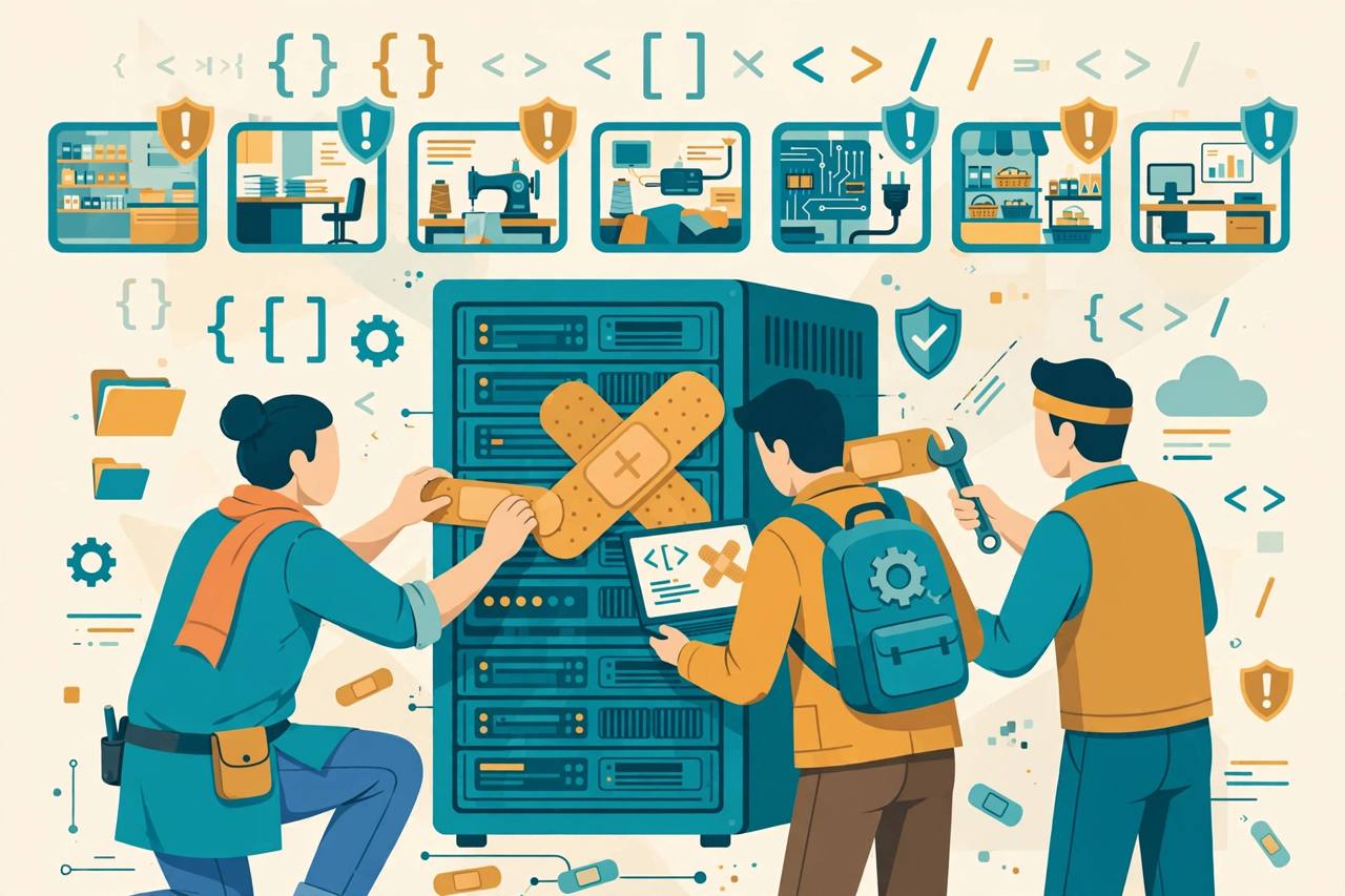 Editorial illustration of generic small-business owners and IT workers patching a large web server with warning shields