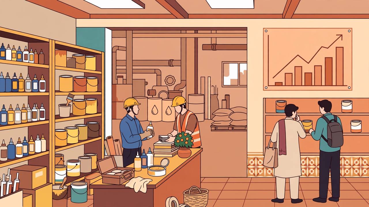 Editorial illustration of a generic adhesives factory and hardware shop with glue bottles, paint cans and a rising sales chart