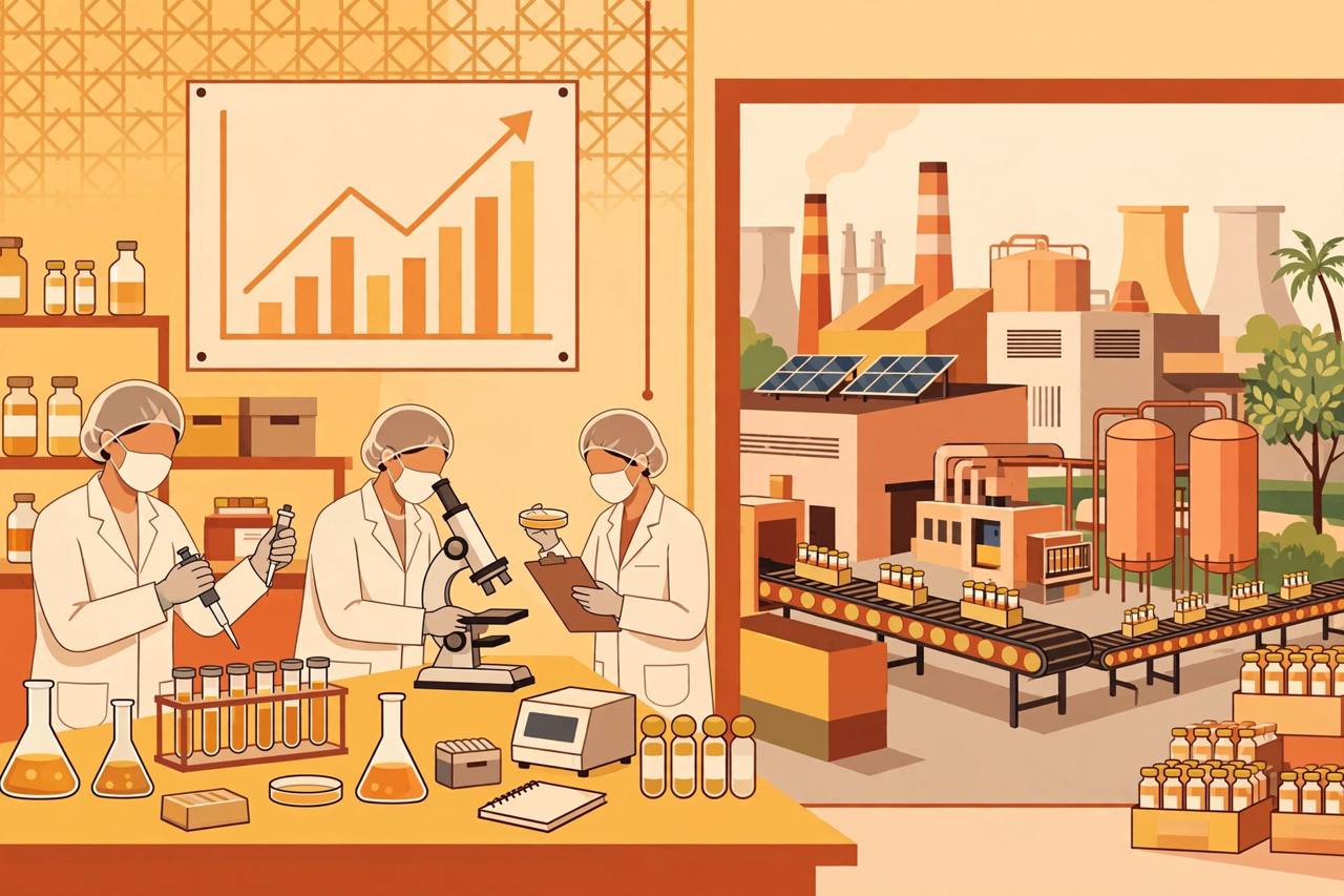 Editorial illustration of generic scientists in a pharmaceutical laboratory with a medicine production line and a rising growth chart