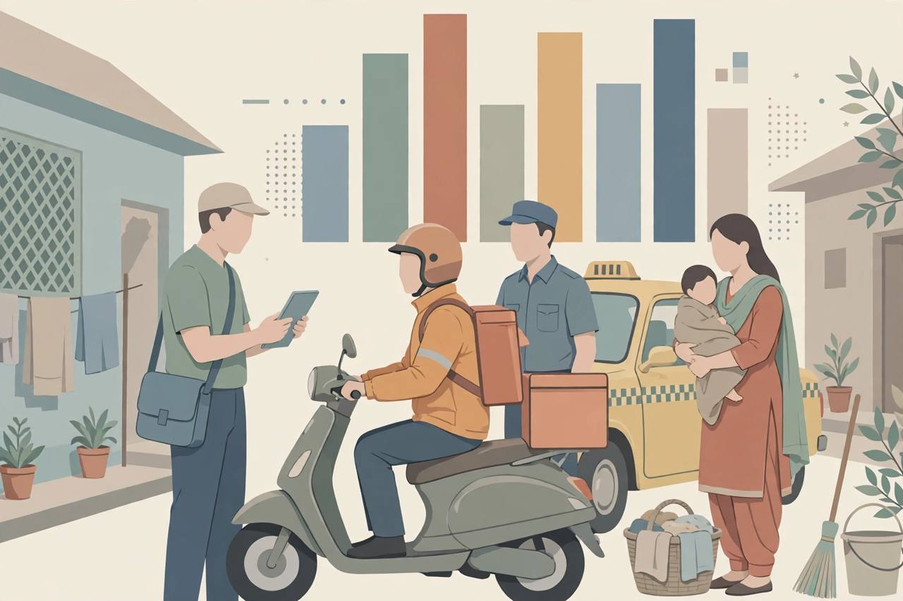 Editorial illustration of a generic survey enumerator with a tablet interviewing a delivery rider, a cab driver and a woman doing unpaid household care work, flat style