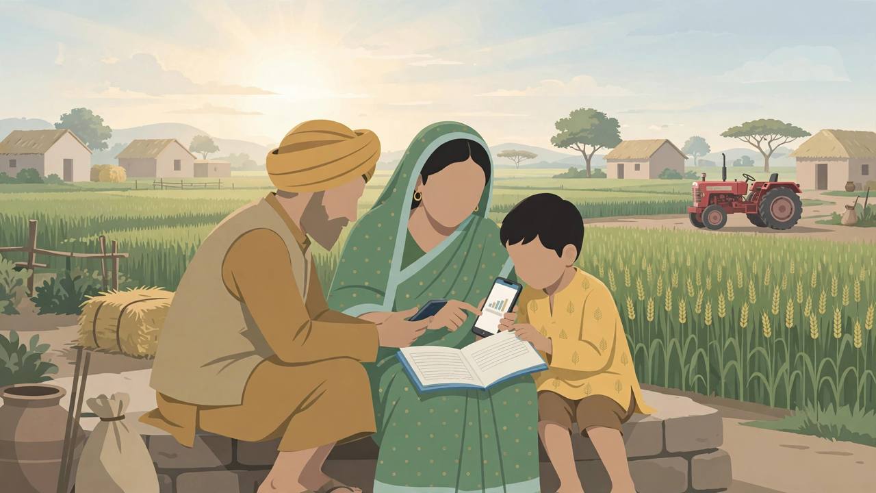 Editorial illustration of a generic Indian farmer family in a village checking a mobile phone with a bank passbook, green fields and a tractor in the background