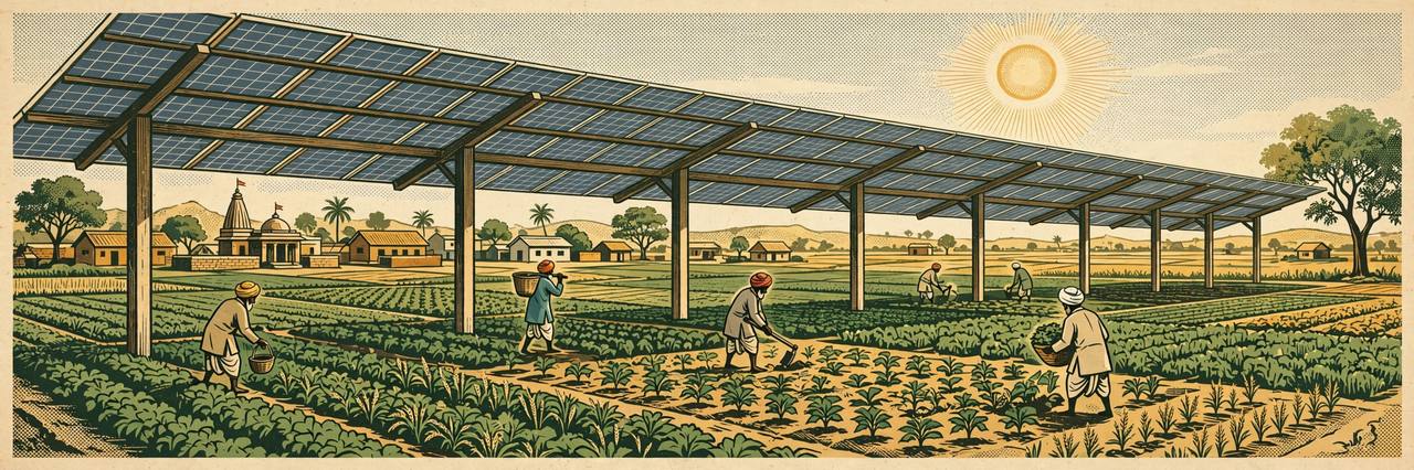 Editorial illustration of elevated solar panels above green farmland with generic farmers working underneath