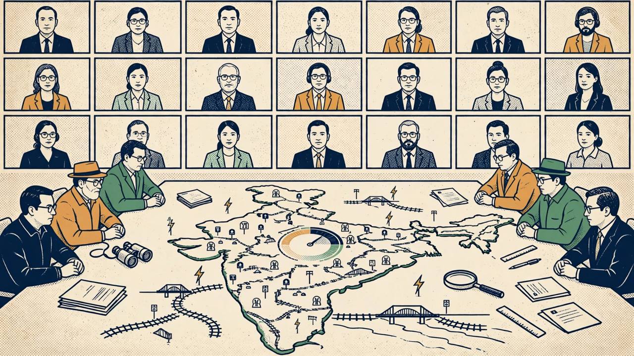 Editorial illustration of officials on a video wall reviewing an India map marked with highway, railway, bridge and power projects