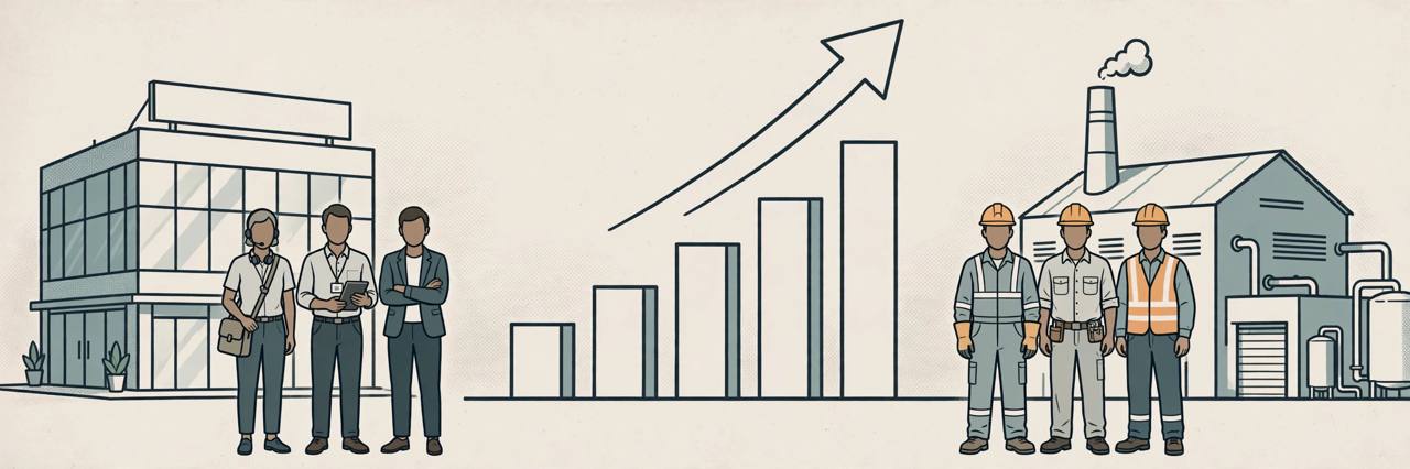 Editorial illustration of services staff outside an office building and factory workers outside a plant, with rising bar charts and an upward arrow between them, flat style, no real person depicted