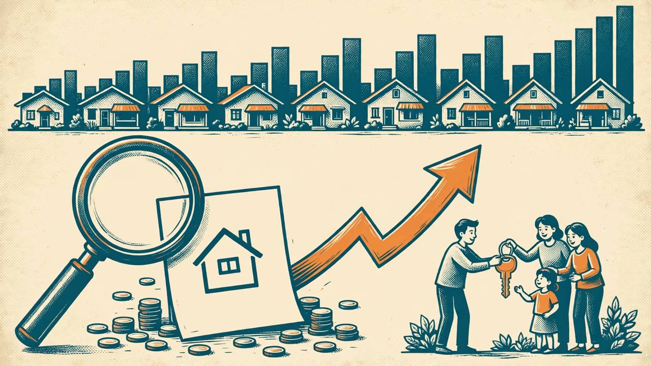 Editorial illustration of family homes with rising chart rooftops, a home-loan document under a magnifying glass and a family receiving house keys