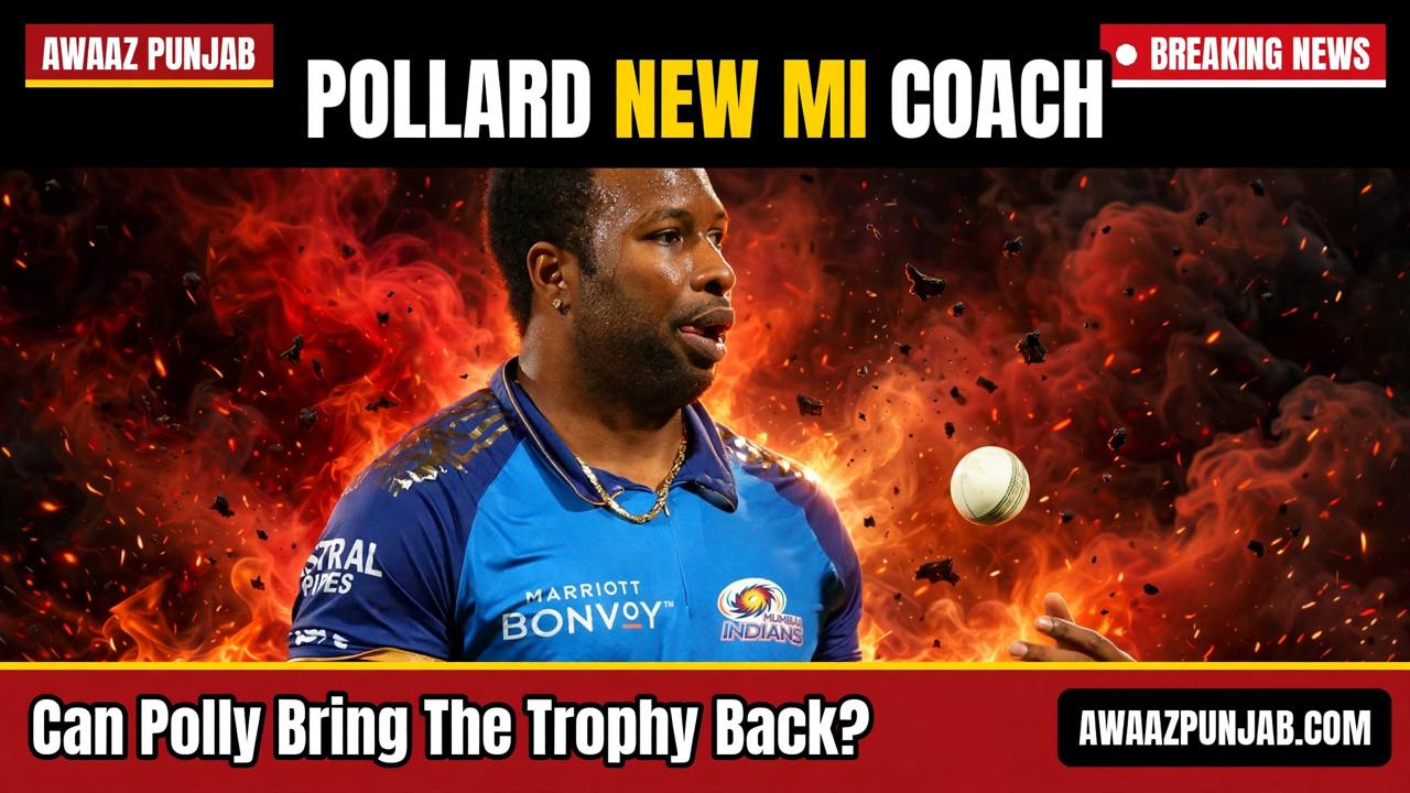 Kieron Pollard in Mumbai Indians colours — Awaaz Punjab branded thumbnail built from a real file photo of Pollard