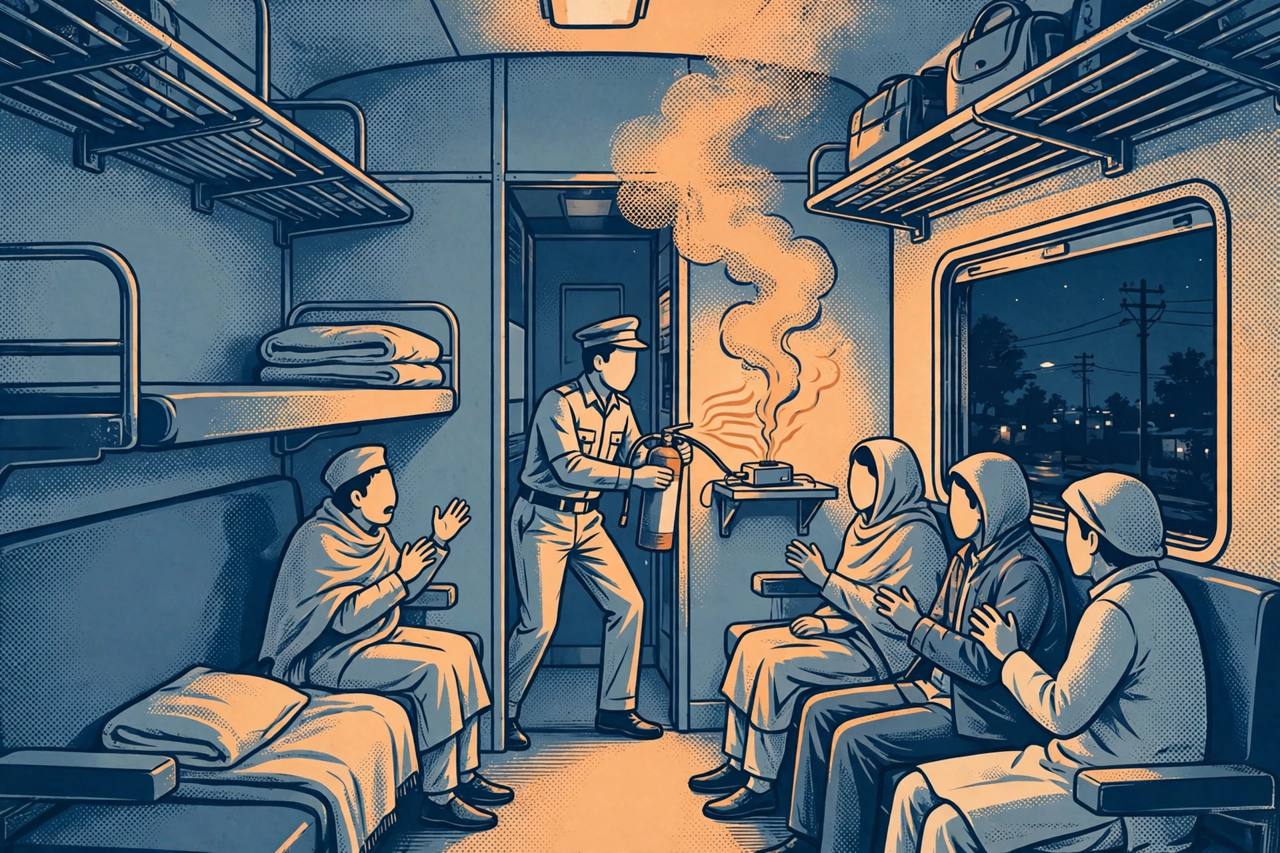 Editorial illustration of a train AC coach at night with smoke from a power bank on a charging shelf and generic staff holding an extinguisher