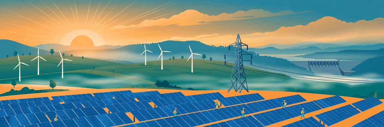 Editorial illustration of solar panels, wind turbines and a transmission pylon across a sunrise landscape