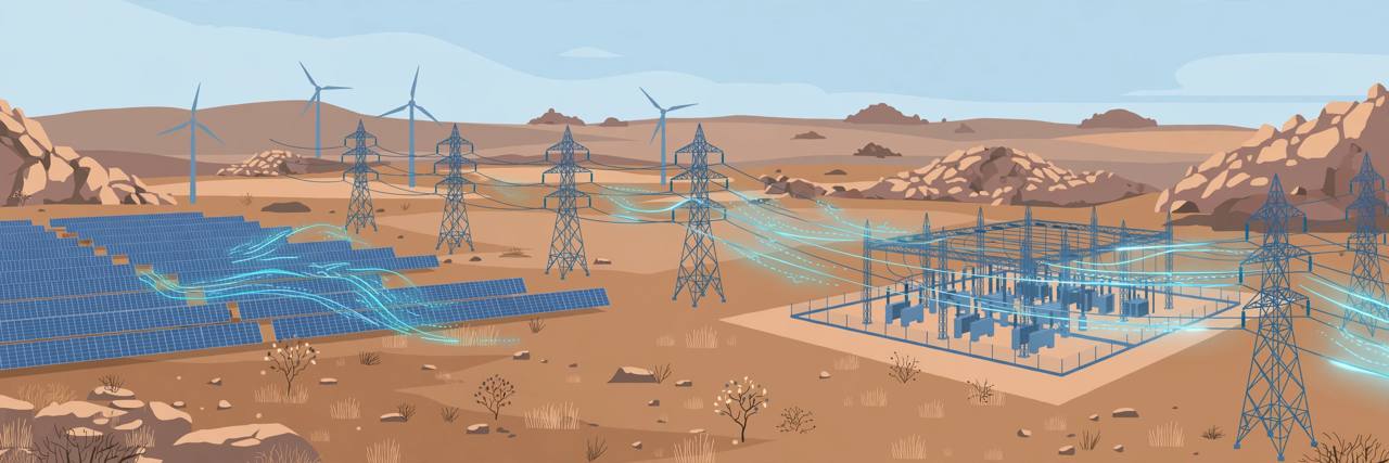 Editorial illustration of high-voltage transmission towers, a grid substation, solar panels and wind turbines in a Karnataka landscape, flat style