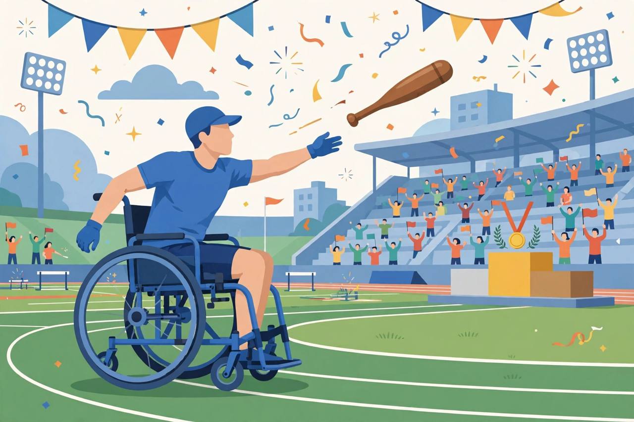 Editorial illustration of a generic para-athlete in a wheelchair throwing a club on an athletics field with a podium behind
