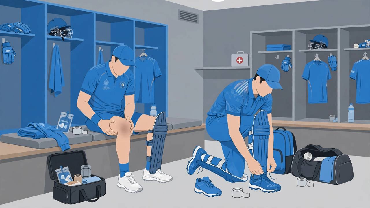 Editorial illustration of a generic Indian fast bowler holding his hamstring on a physio bench while another generic pacer laces up his boots