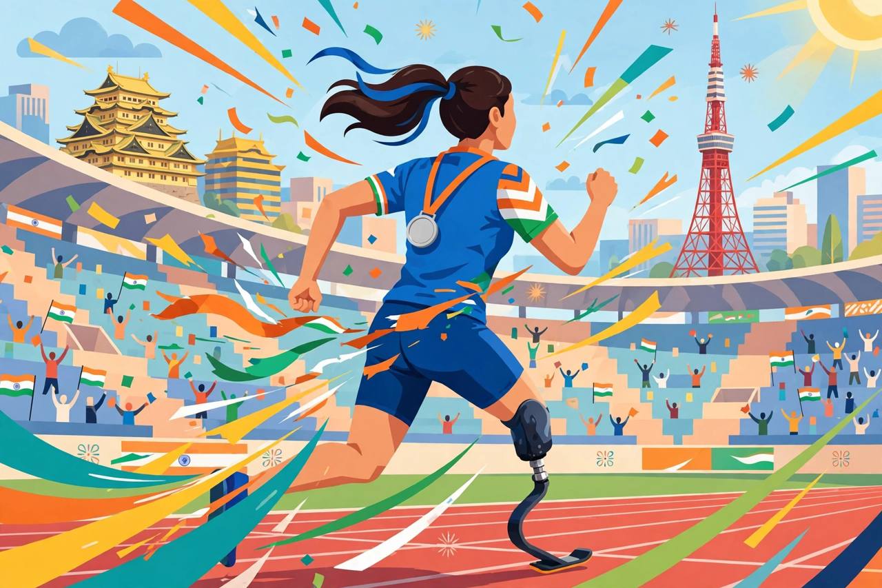 Editorial illustration of a generic Indian woman para-sprinter racing to a silver finish at the Asian Para Games in Nagoya