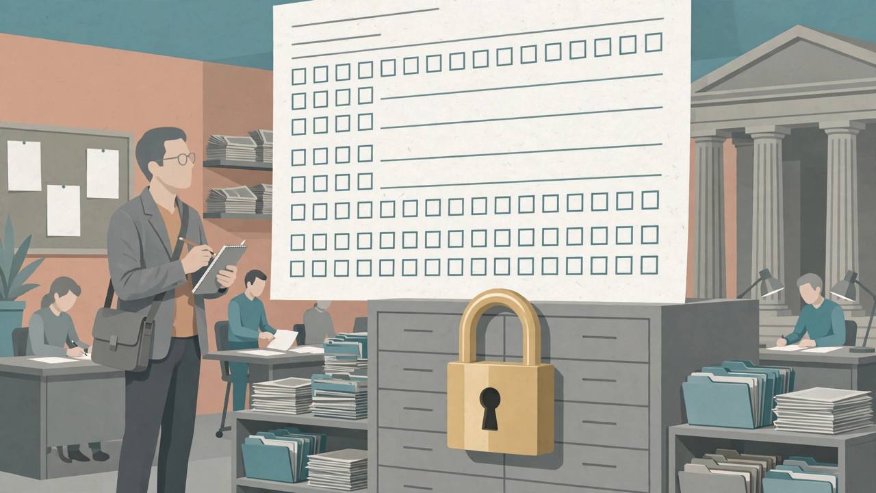 Editorial illustration of a journalist with a notebook facing an oversized consent form and a padlocked news archive cabinet, with courthouse pillars behind