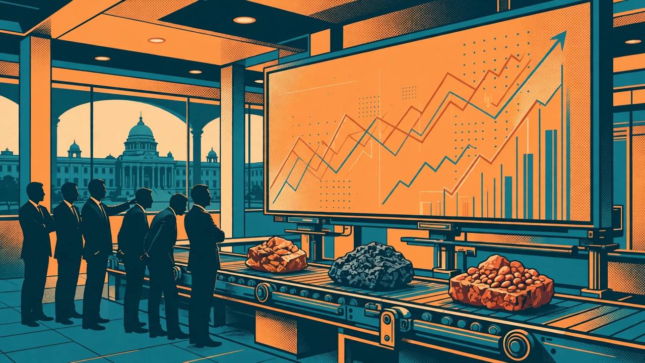 Editorial illustration of a digital mineral exchange trading hall with mineral ore blocks and abstract charts