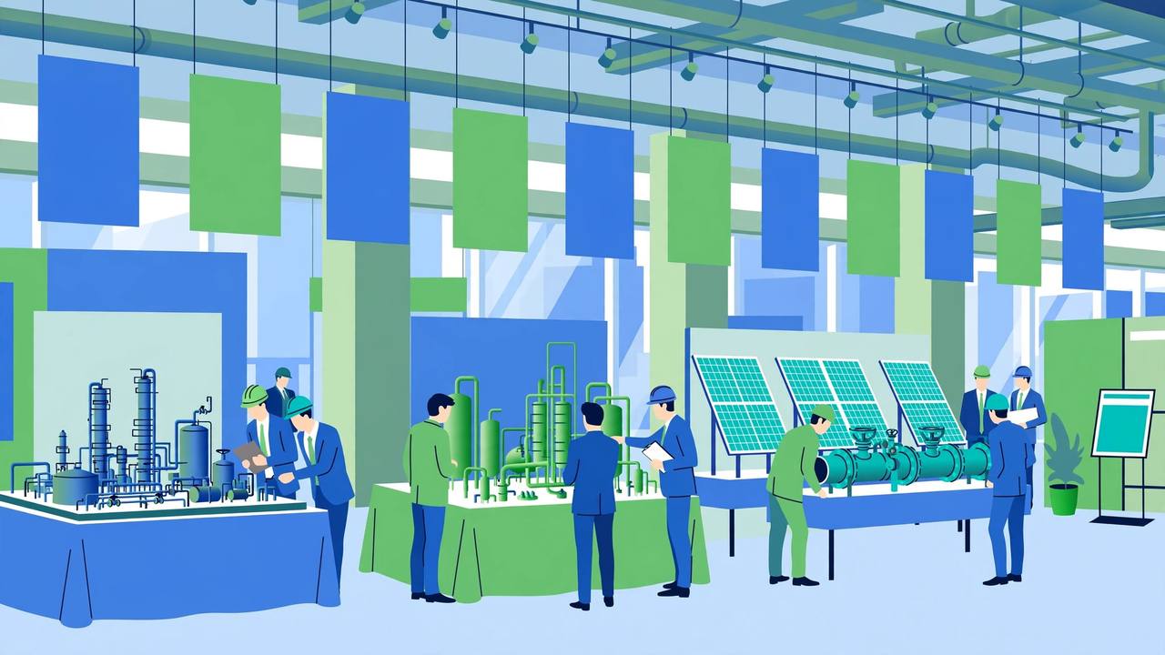 Editorial illustration of an energy technology exhibition hall with scale models of a refinery and a green plant, solar panels and pipeline equipment on display tables, and generic engineers and officials examining the exhibits