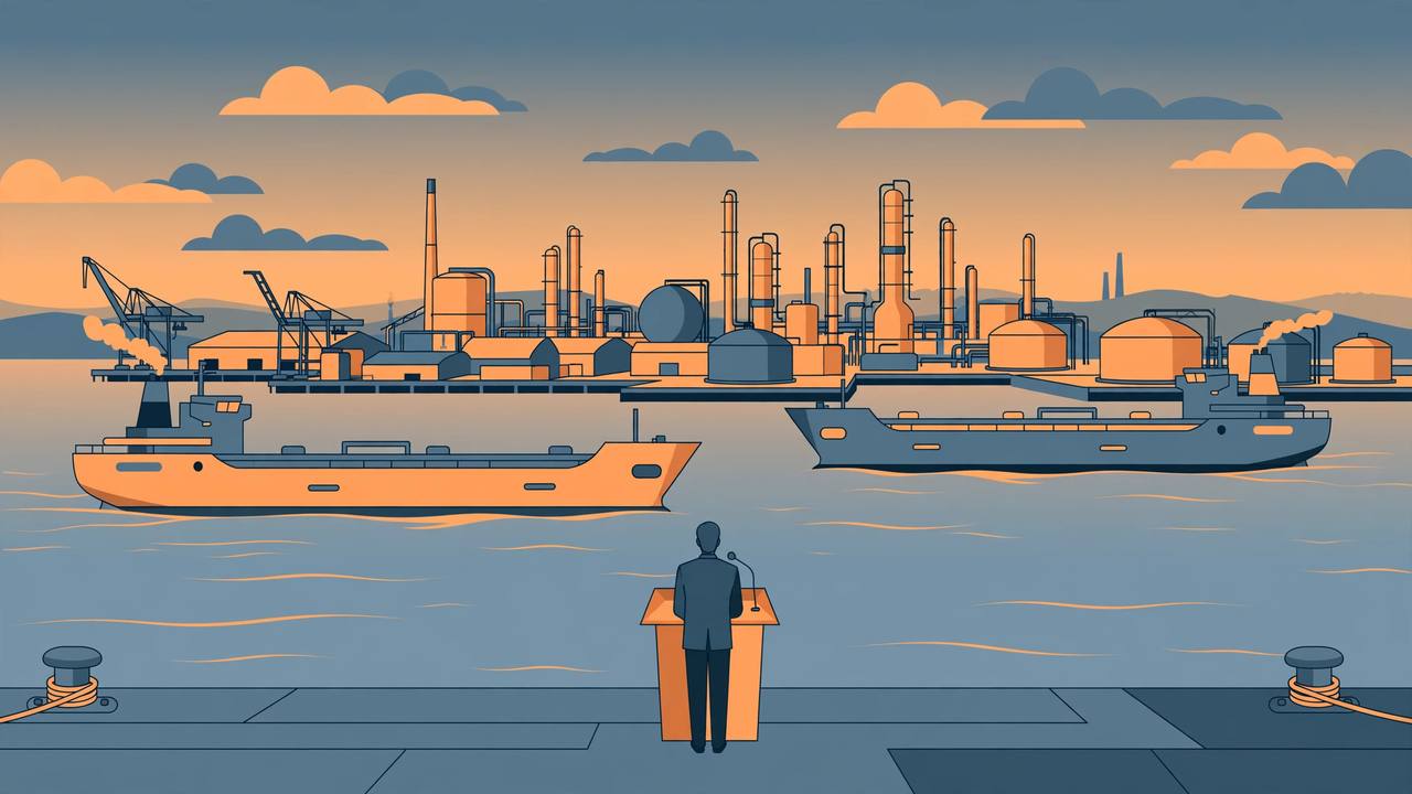 Editorial illustration of oil tankers from two directions sailing toward an Indian refinery port, with a generic suited minister figure at a podium on the dock