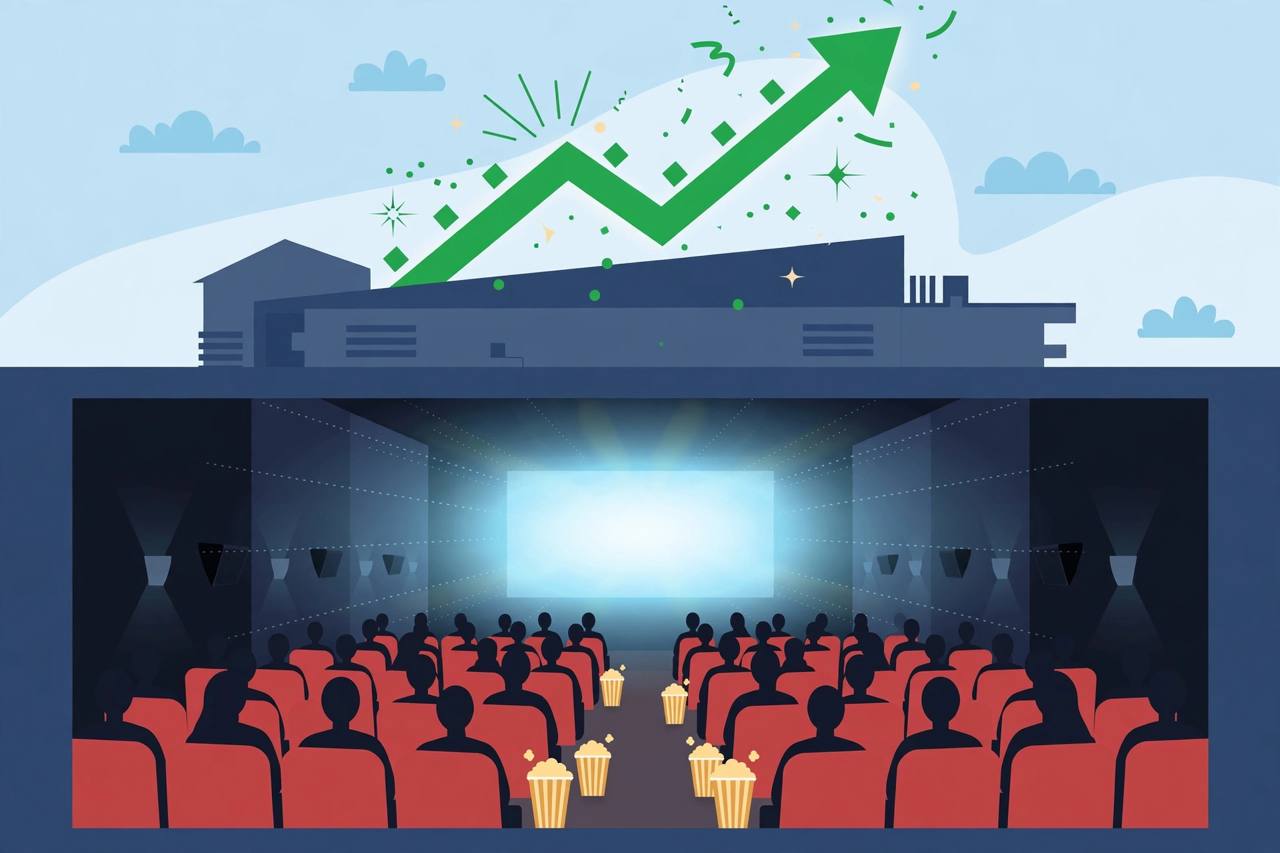 Editorial illustration of a multiplex cinema with generic audience silhouettes in red seats facing a glowing screen, popcorn buckets and a rising green growth arrow above the building, no real person's likeness