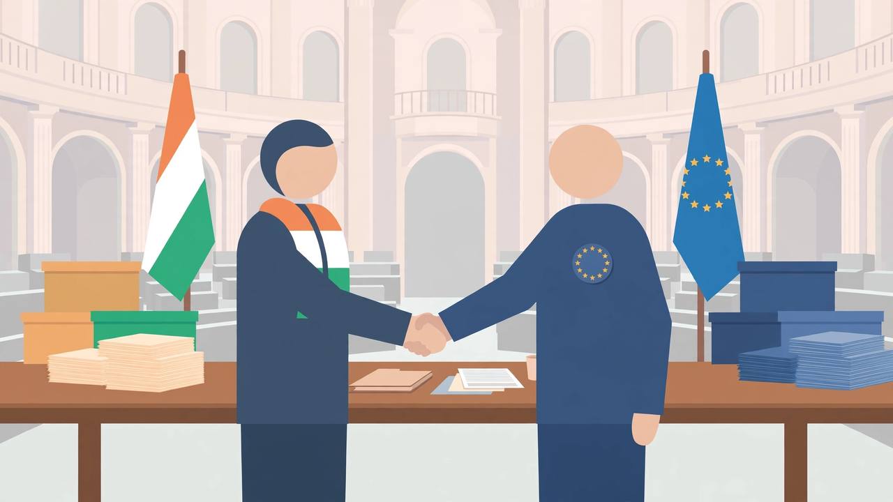 Editorial illustration of Indian and European delegates shaking hands between the flags of India and the European Union in a parliament chamber