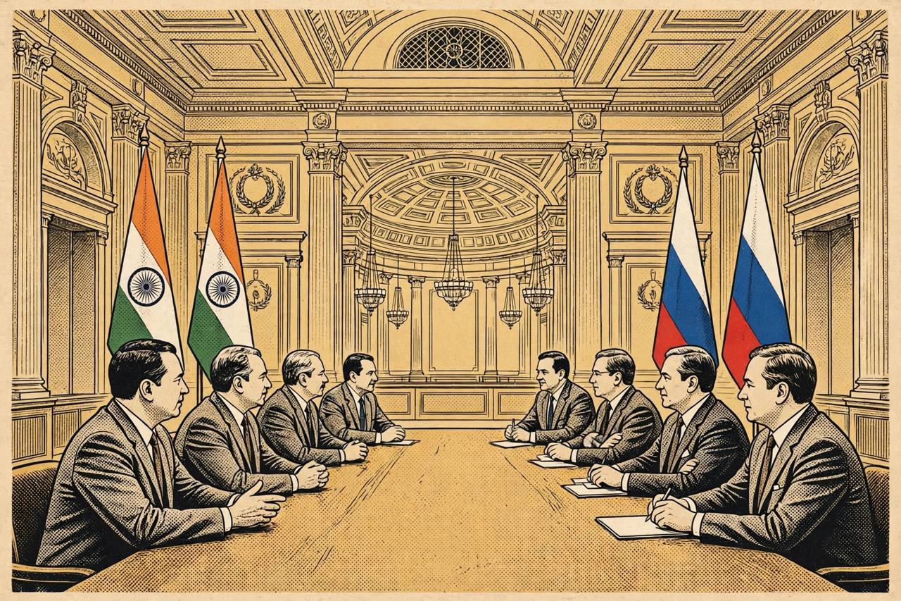 Editorial illustration of two generic parliamentary delegations seated across a table in a grand parliament hall, with Indian and Russian flags behind them