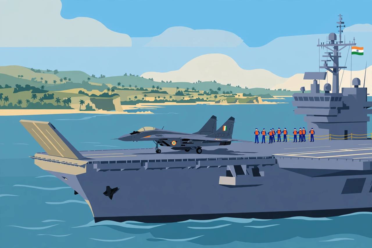 Editorial illustration of a carrier-based marine fighter jet on the deck of an Indian aircraft carrier at sea during flight trials — no real person's face
