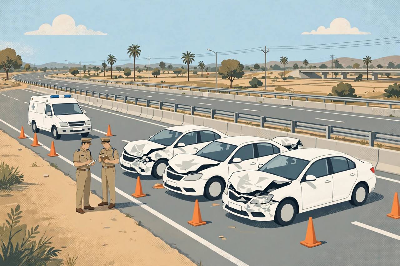 Editorial illustration of generic police officers inspecting convoy cars stopped after a minor collision on an Indian expressway