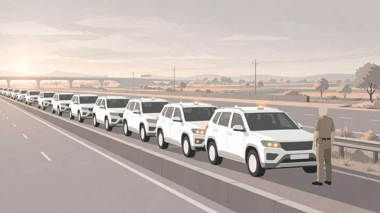 Editorial illustration of a convoy of white SUVs stopped on an expressway with a traffic policeman nearby