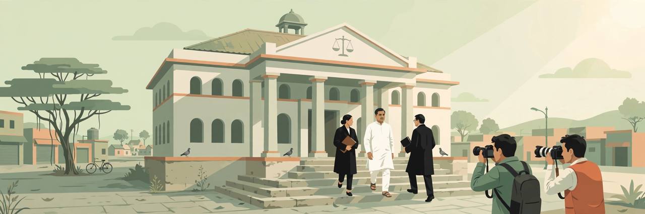 Editorial illustration of a courthouse in Sultanpur with a generic political figure, lawyers and media on the steps