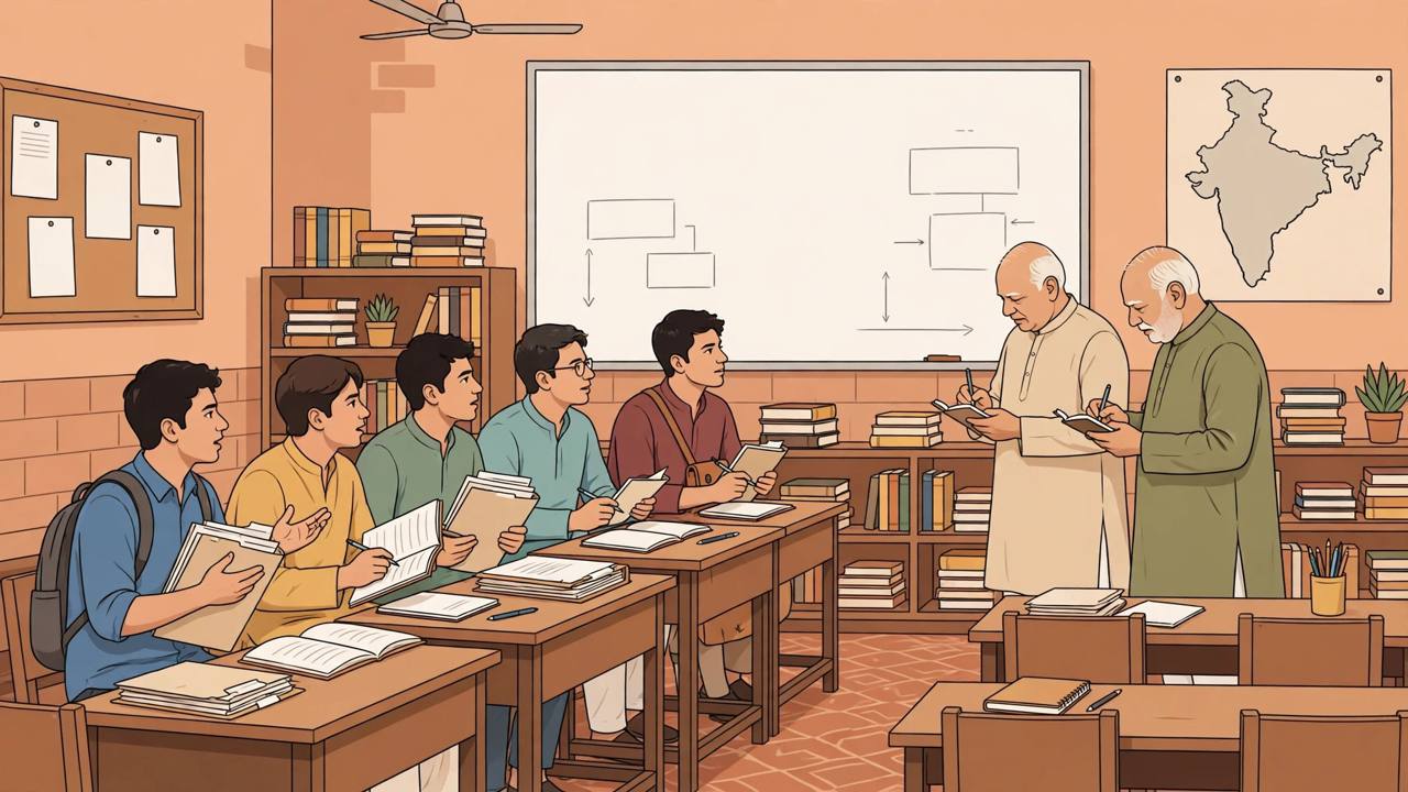 Editorial illustration of students with notebooks and files speaking to two visiting leaders inside a coaching institute classroom in New Delhi