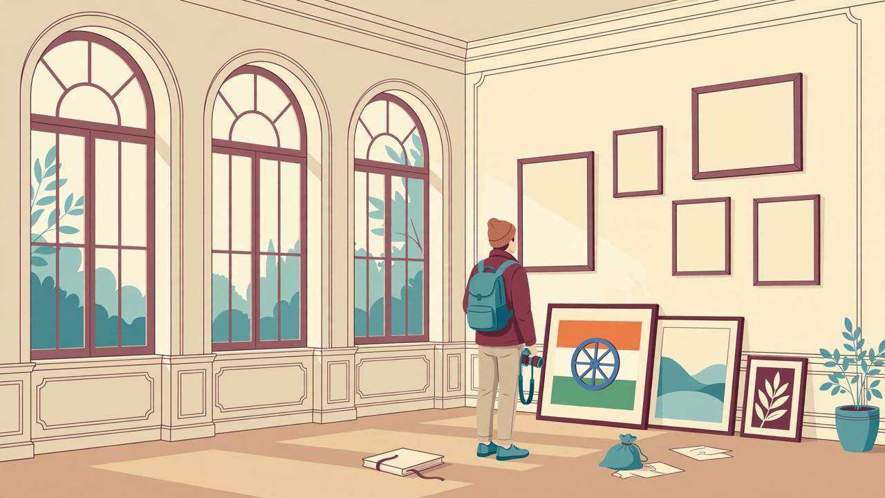 Editorial illustration of a gallery with empty frames on the wall and framed pictures leaning on the floor, a generic young photographer with a camera — flat style, no text, no real person's face