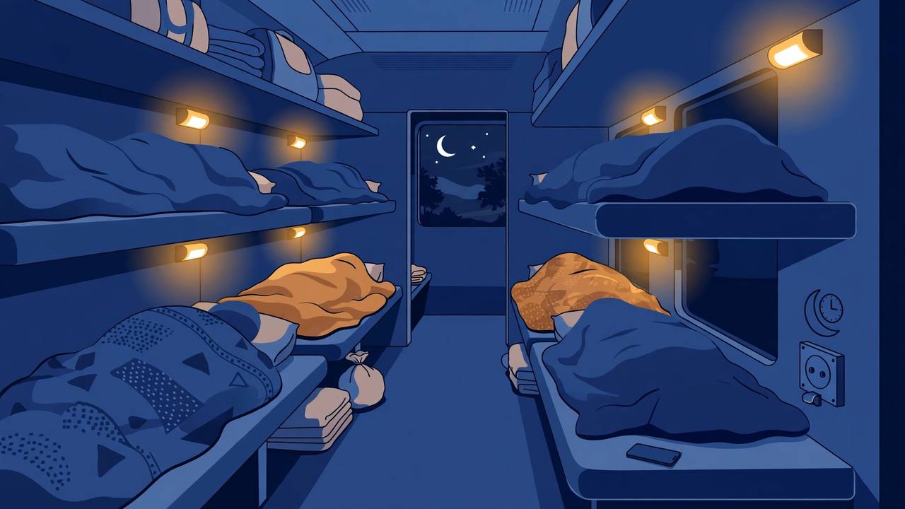 Editorial illustration of passengers sleeping in a night train coach with the charging socket switched off