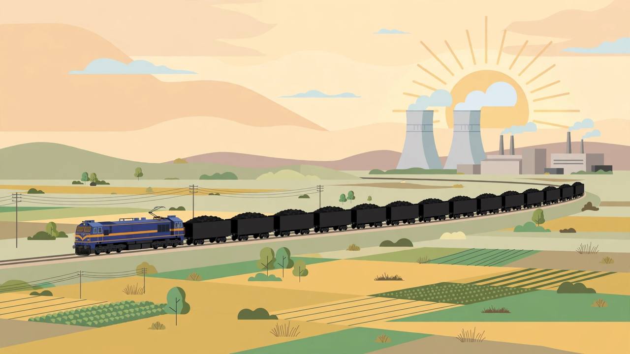 Editorial illustration of a freight train carrying coal wagons toward a thermal power plant, flat style, no text
