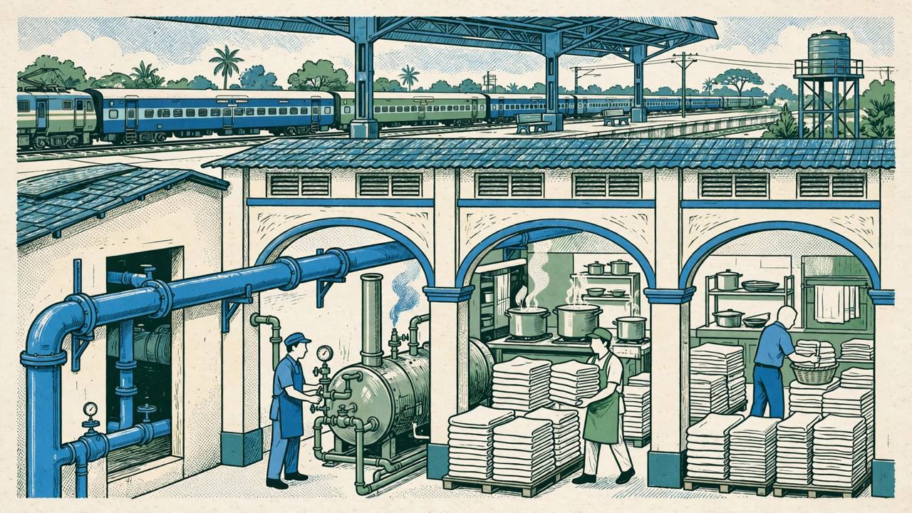 Editorial illustration of a railway station laundry and base kitchen with a large blue piped natural gas pipeline feeding a steam boiler, linen stacks and a passenger train in the background