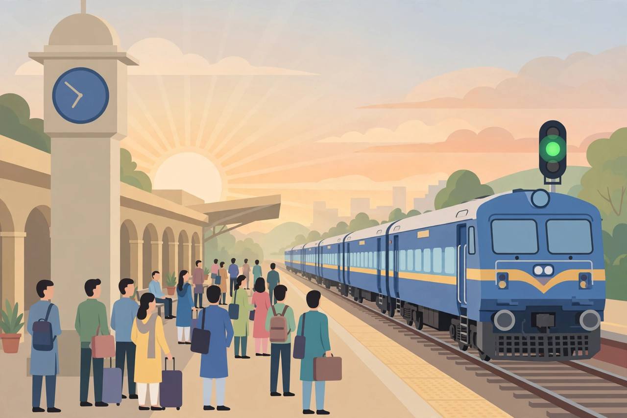 Editorial illustration of an Indian passenger train arriving on time at a station platform at sunrise with a station clock — no real person's face