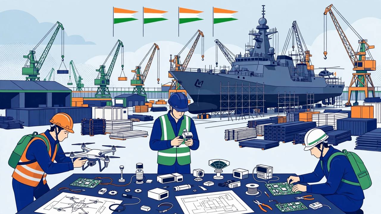 Editorial illustration of a naval warship under construction in an Indian shipyard with young defence innovators